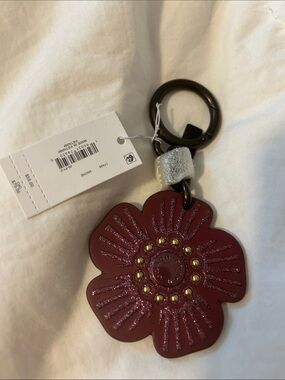 Coach Red Flower Leather Keychain Keyring
